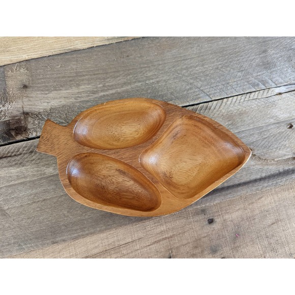 Vintage Monkey Pod Leaf Shaped Three Section Dish / Boho decor - Picture 2 of 10